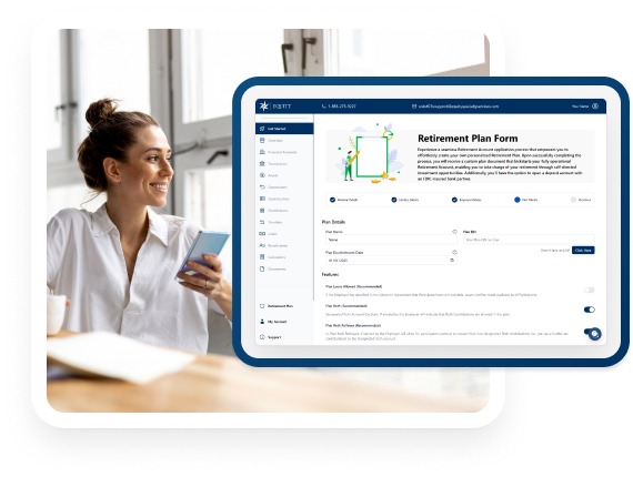 Smiling woman sitting at a work desk holding mobile phone. Overlay image showing her mobile dashboard with the headline 'Retirement Plan Form'.