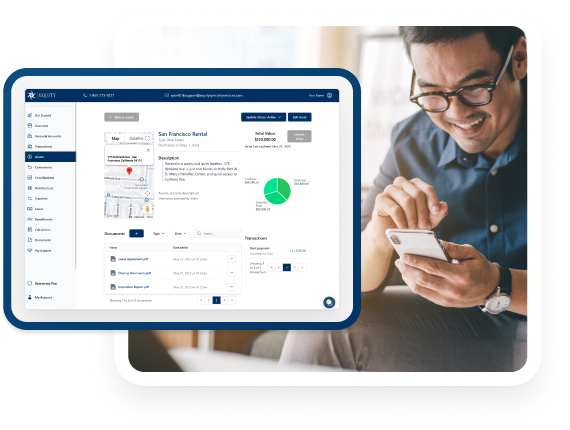 Smiling man looking at mobile phone with overlay image showing the man’s phone screen and a dashboard for his Equity solo 401k plan.