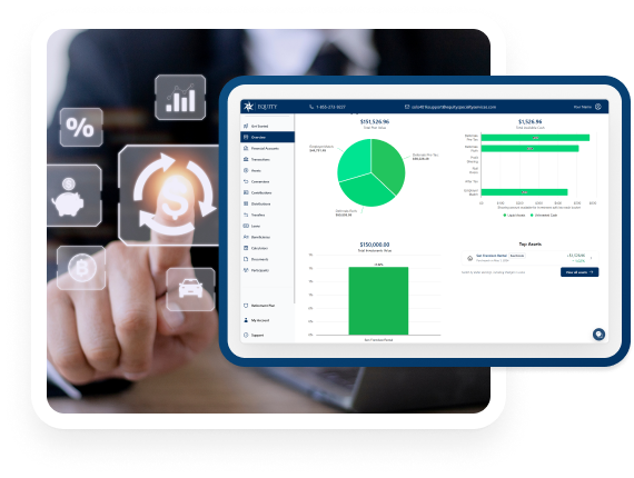 Image from the point of view of a phone screen, showing a man clicking on a dollar sign button on the screen. The overlay image shows the man’s screen with a solo 401k management dashboard.