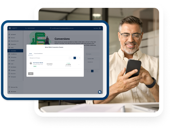 Smiling bearded man in business attire looking at his phone with an overlay image showing his phone screen with a solo 401k management dashboard.