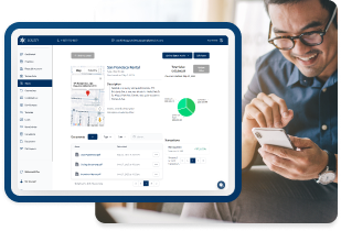 Smiling man looking at mobile phone with overlay image showing the man’s phone screen and a dashboard for his Equity solo 401k plan.