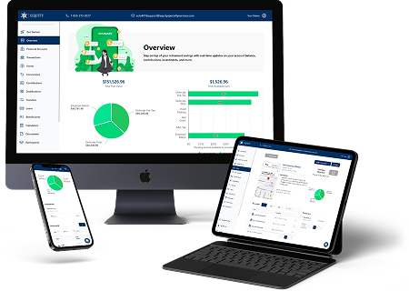 Open Laptop, Tablet, and Mobile Phone, showing example dashboards with charts and graphs, within the Equity Trust solo 401k management system